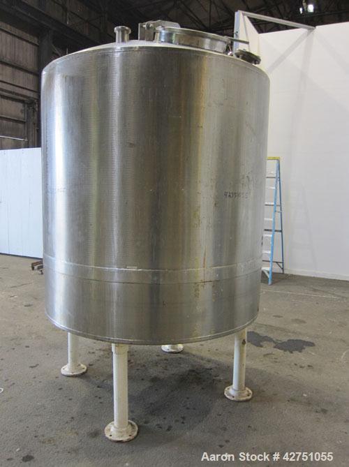 Used Tank, 1000 Gallon, 304 Stainless Steel, Vertical. 66" Diameter x 66" straight side, dished top, coned bottom. Openings top 1-1/2", (2) 2" NPT, (2) 3", 18" man way with cover. 2" Tri-clamp center...