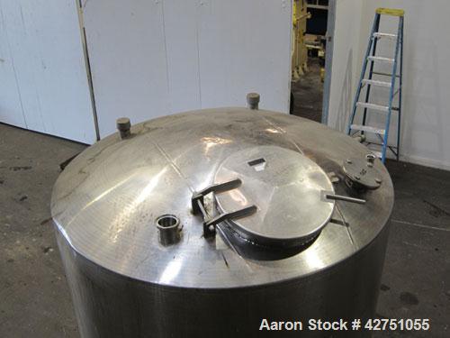 Used Tank, 1000 Gallon, 304 Stainless Steel, Vertical. 66" Diameter x 66" straight side, dished top, coned bottom. Openings top 1-1/2", (2) 2" NPT, (2) 3", 18" man way with cover. 2" Tri-clamp center...