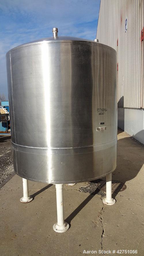Used Tank, 1000 Gallon, 304 Stainless Steel, Vertical. 66" Diameter x 66" straight side, dished top, coned bottom. Openings top 1-1/2", (2) 2" NPT, (2) 3", 18" man way with cover. 2" Tri-clamp center...