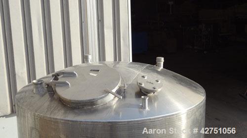 Used Tank, 1000 Gallon, 304 Stainless Steel, Vertical. 66" Diameter x 66" straight side, dished top, coned bottom. Openings top 1-1/2", (2) 2" NPT, (2) 3", 18" man way with cover. 2" Tri-clamp center...