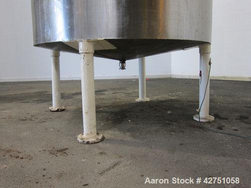 Used Tank, 1000 Gallon, 304 Stainless Steel, Vertical. 66" Diameter x 66" straight side, dished top, coned bottom. Openings top 1-1/2", (2) 2" NPT, (2) 3", 18" man way with cover. 2" Tri-clamp center...