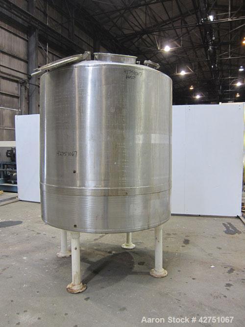 Used Tank, 1000 Gallon, 304 Stainless Steel, Vertical. 66" Diameter x 66" straight side, dished top, coned bottom. Openings top 1-1/2", (2) 2" NPT, (2) 3", 18" man way with cover. 2" Tri-clamp center...