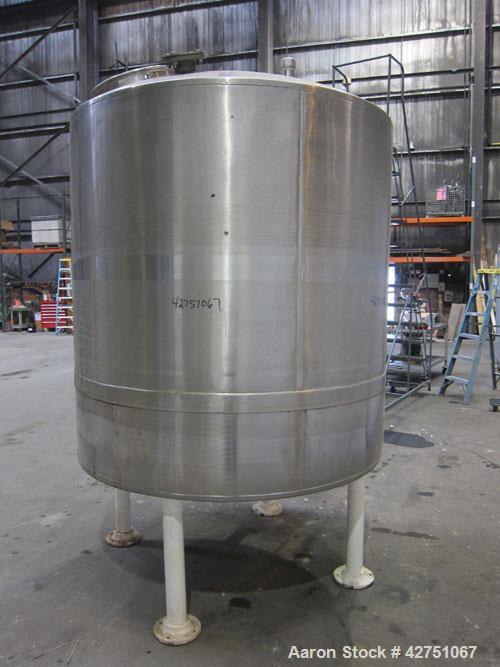 Used Tank, 1000 Gallon, 304 Stainless Steel, Vertical. 66" Diameter x 66" straight side, dished top, coned bottom. Openings top 1-1/2", (2) 2" NPT, (2) 3", 18" man way with cover. 2" Tri-clamp center...