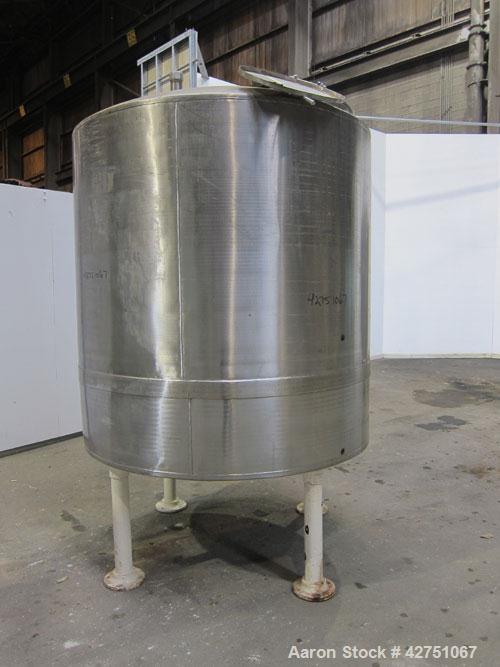 Used Tank, 1000 Gallon, 304 Stainless Steel, Vertical. 66" Diameter x 66" straight side, dished top, coned bottom. Openings top 1-1/2", (2) 2" NPT, (2) 3", 18" man way with cover. 2" Tri-clamp center...