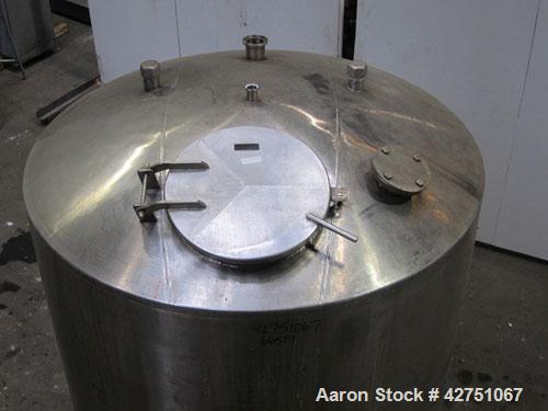 Used Tank, 1000 Gallon, 304 Stainless Steel, Vertical. 66" Diameter x 66" straight side, dished top, coned bottom. Openings top 1-1/2", (2) 2" NPT, (2) 3", 18" man way with cover. 2" Tri-clamp center...