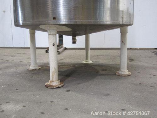 Used Tank, 1000 Gallon, 304 Stainless Steel, Vertical. 66" Diameter x 66" straight side, dished top, coned bottom. Openings top 1-1/2", (2) 2" NPT, (2) 3", 18" man way with cover. 2" Tri-clamp center...
