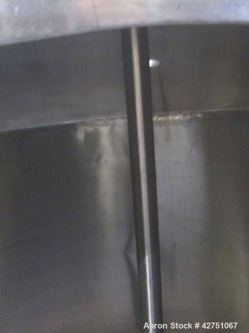 Used Tank, 1000 Gallon, 304 Stainless Steel, Vertical. 66" Diameter x 66" straight side, dished top, coned bottom. Openings top 1-1/2", (2) 2" NPT, (2) 3", 18" man way with cover. 2" Tri-clamp center...