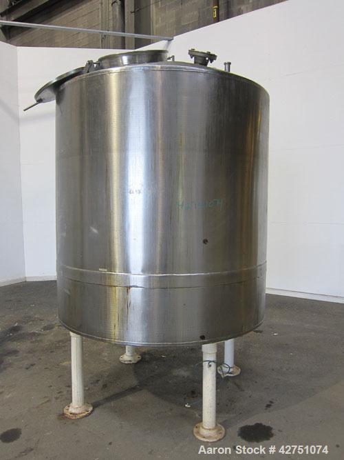 Used Tank, 1000 Gallon, 304 Stainless Steel, Vertical. 66" Diameter x 66" straight side, dished top, coned bottom. Openings top 1-1/2", (2) 2" NPT, (2) 3", 18" man way with cover. 2" Tri-clamp center...