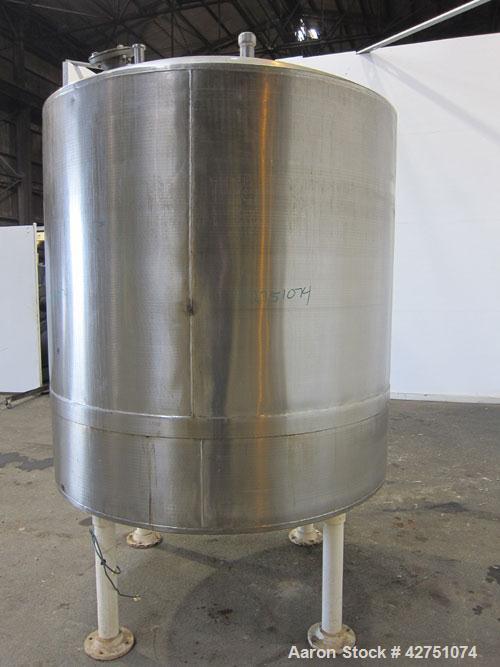 Used Tank, 1000 Gallon, 304 Stainless Steel, Vertical. 66" Diameter x 66" straight side, dished top, coned bottom. Openings top 1-1/2", (2) 2" NPT, (2) 3", 18" man way with cover. 2" Tri-clamp center...