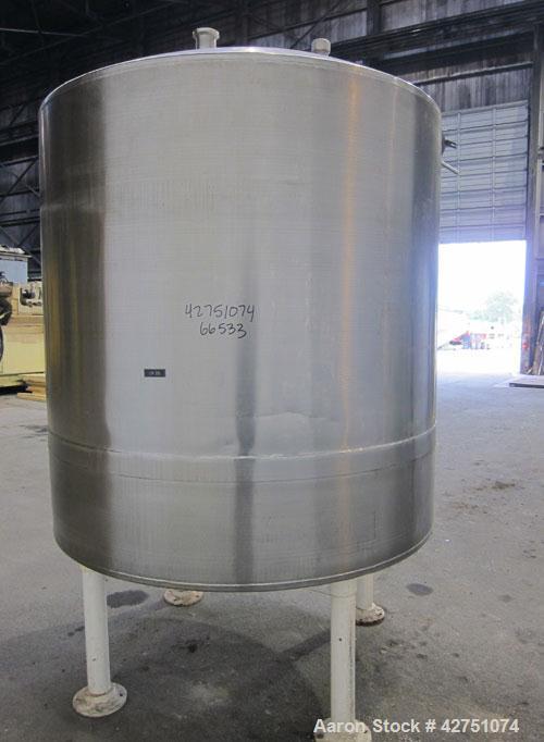 Used Tank, 1000 Gallon, 304 Stainless Steel, Vertical. 66" Diameter x 66" straight side, dished top, coned bottom. Openings top 1-1/2", (2) 2" NPT, (2) 3", 18" man way with cover. 2" Tri-clamp center...