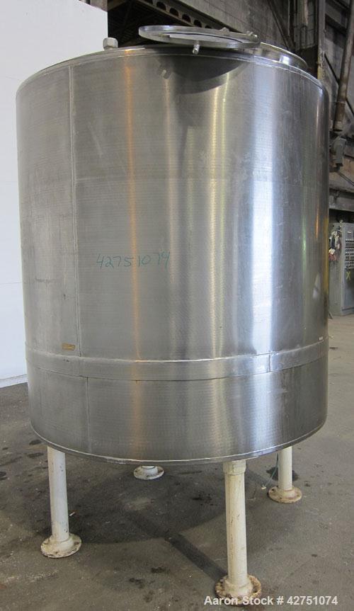 Used Tank, 1000 Gallon, 304 Stainless Steel, Vertical. 66" Diameter x 66" straight side, dished top, coned bottom. Openings top 1-1/2", (2) 2" NPT, (2) 3", 18" man way with cover. 2" Tri-clamp center...