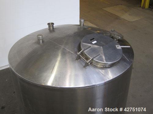Used Tank, 1000 Gallon, 304 Stainless Steel, Vertical. 66" Diameter x 66" straight side, dished top, coned bottom. Openings top 1-1/2", (2) 2" NPT, (2) 3", 18" man way with cover. 2" Tri-clamp center...