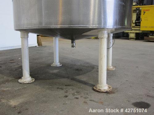 Used Tank, 1000 Gallon, 304 Stainless Steel, Vertical. 66" Diameter x 66" straight side, dished top, coned bottom. Openings top 1-1/2", (2) 2" NPT, (2) 3", 18" man way with cover. 2" Tri-clamp center...