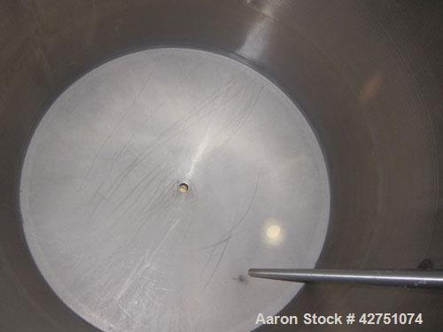 Used Tank, 1000 Gallon, 304 Stainless Steel, Vertical. 66" Diameter x 66" straight side, dished top, coned bottom. Openings top 1-1/2", (2) 2" NPT, (2) 3", 18" man way with cover. 2" Tri-clamp center...