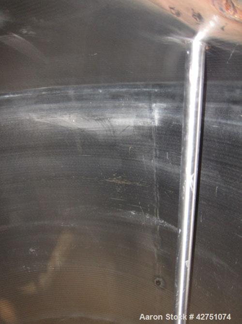 Used Tank, 1000 Gallon, 304 Stainless Steel, Vertical. 66" Diameter x 66" straight side, dished top, coned bottom. Openings top 1-1/2", (2) 2" NPT, (2) 3", 18" man way with cover. 2" Tri-clamp center...