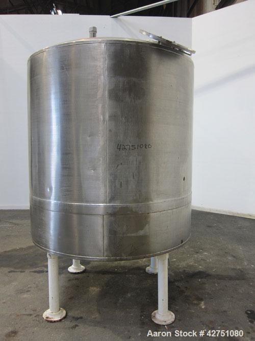 Used Tank, 1000 Gallon, 304 Stainless Steel, Vertical. 66" Diameter x 66" straight side, dished top, coned bottom. Openings top 1-1/2", (2) 2" NPT, (2) 3", 18" man way with cover. 2" Tri-clamp center...