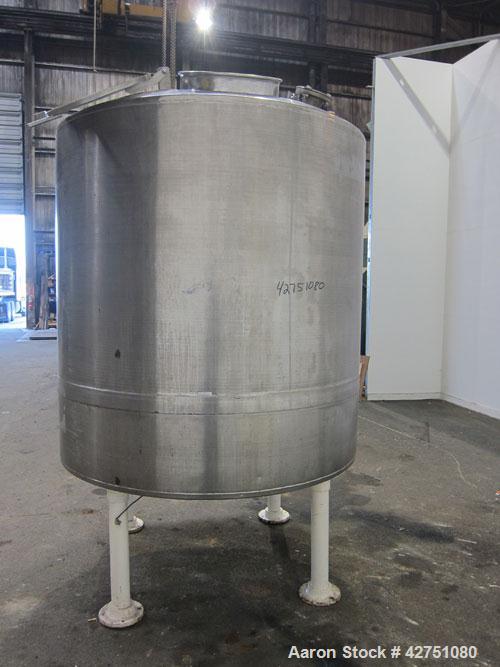 Used Tank, 1000 Gallon, 304 Stainless Steel, Vertical. 66" Diameter x 66" straight side, dished top, coned bottom. Openings top 1-1/2", (2) 2" NPT, (2) 3", 18" man way with cover. 2" Tri-clamp center...