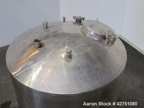Used Tank, 1000 Gallon, 304 Stainless Steel, Vertical. 66" Diameter x 66" straight side, dished top, coned bottom. Openings top 1-1/2", (2) 2" NPT, (2) 3", 18" man way with cover. 2" Tri-clamp center...
