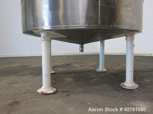 Used Tank, 1000 Gallon, 304 Stainless Steel, Vertical. 66" Diameter x 66" straight side, dished top, coned bottom. Openings top 1-1/2", (2) 2" NPT, (2) 3", 18" man way with cover. 2" Tri-clamp center...