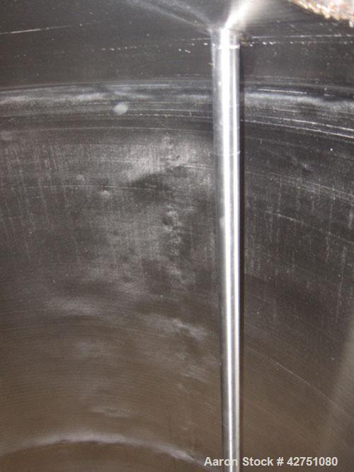 Used Tank, 1000 Gallon, 304 Stainless Steel, Vertical. 66" Diameter x 66" straight side, dished top, coned bottom. Openings top 1-1/2", (2) 2" NPT, (2) 3", 18" man way with cover. 2" Tri-clamp center...