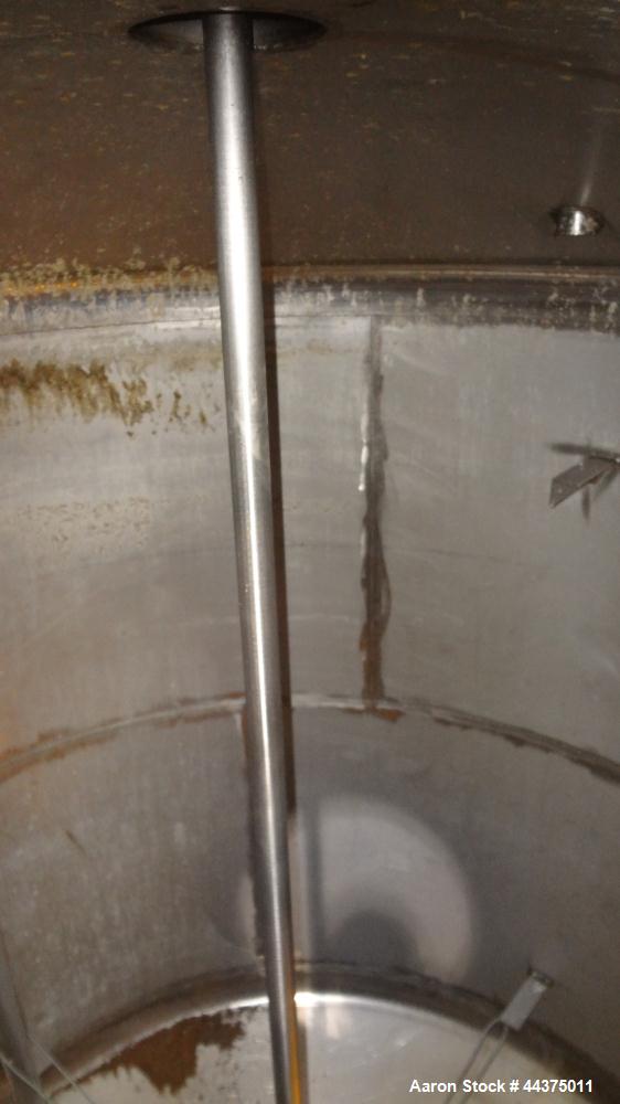 Used Tank, 1500 Gallon, 316 Stainless Steel, Vertical. Approximate 76" diameter x 72" straight side, dished top and bottom. Top entering ProQuip agitator, model  75JLS20, serial# 8287, ratio 20 to 1,...