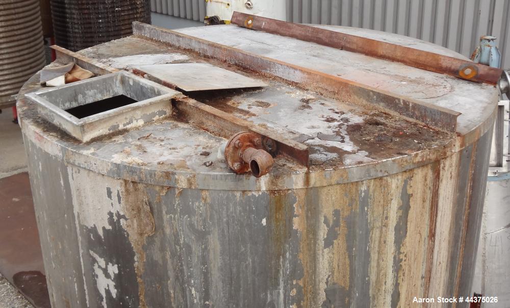 Used Tank, 4000 Gallon, 316 Stainless Steel, Vertical. Approximate 102" diameter x 120" straight side, flat welded top, dished bottom. Fixed carbon steel agitator bridge. Openings top 18" x 18" man w...