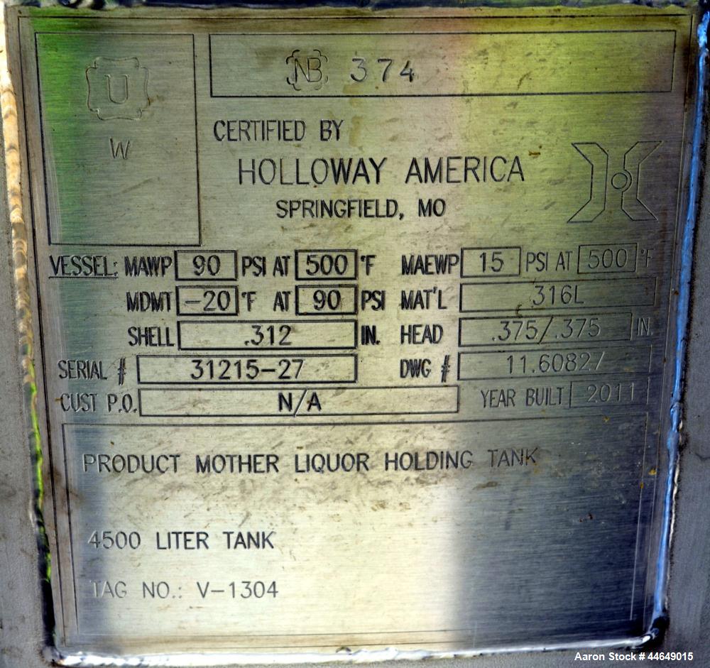 Unused- Holloway America Pressure Tank, 1200 Gallon, 316L Stainless Steel, Vertical. Approximate 60" diameter x 100" straight side, dished top and bottom. Internal rated 90 psi at -20 to 500 degrees ...