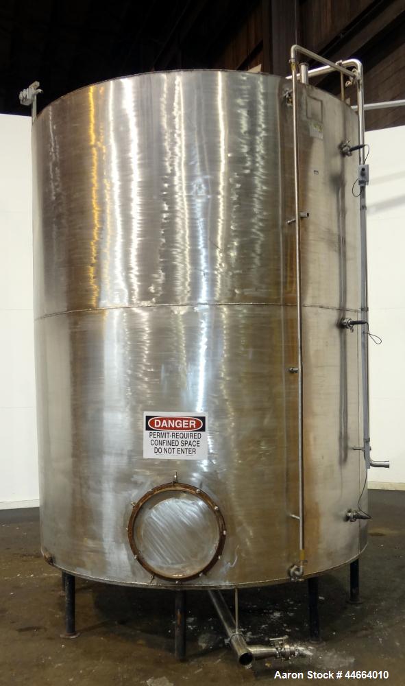 Used Tank, 3000 Gallons, 304 Stainless Steel, Vertical. 90" Diameter x 110" straight side, flat top, dish bottom. (1) Spray ball. Top openings: (1) 20" man way, no cover, (2) 3-1/2", (2) 2", (1) 1.5"...