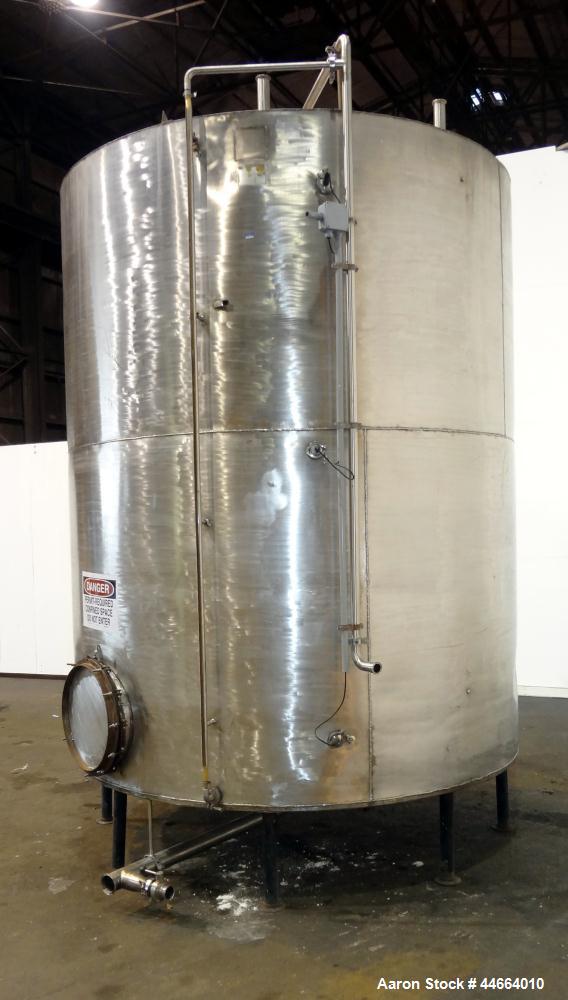 Used Tank, 3000 Gallons, 304 Stainless Steel, Vertical. 90" Diameter x 110" straight side, flat top, dish bottom. (1) Spray ball. Top openings: (1) 20" man way, no cover, (2) 3-1/2", (2) 2", (1) 1.5"...