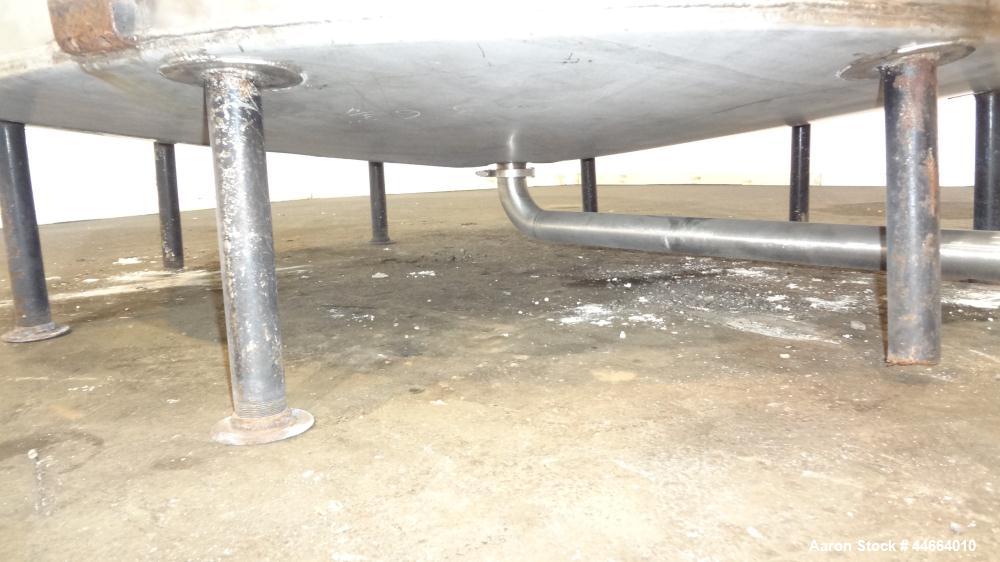 Used Tank, 3000 Gallons, 304 Stainless Steel, Vertical. 90" Diameter x 110" straight side, flat top, dish bottom. (1) Spray ball. Top openings: (1) 20" man way, no cover, (2) 3-1/2", (2) 2", (1) 1.5"...