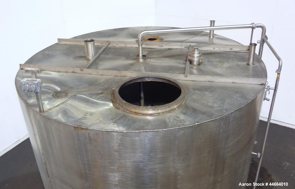 Used Tank, 3000 Gallons, 304 Stainless Steel, Vertical. 90" Diameter x 110" straight side, flat top, dish bottom. (1) Spray ball. Top openings: (1) 20" man way, no cover, (2) 3-1/2", (2) 2", (1) 1.5"...