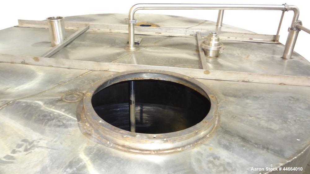 Used Tank, 3000 Gallons, 304 Stainless Steel, Vertical. 90" Diameter x 110" straight side, flat top, dish bottom. (1) Spray ball. Top openings: (1) 20" man way, no cover, (2) 3-1/2", (2) 2", (1) 1.5"...