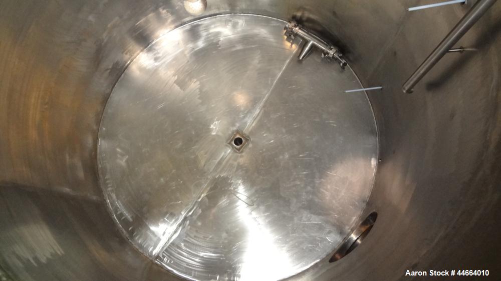 Used Tank, 3000 Gallons, 304 Stainless Steel, Vertical. 90" Diameter x 110" straight side, flat top, dish bottom. (1) Spray ball. Top openings: (1) 20" man way, no cover, (2) 3-1/2", (2) 2", (1) 1.5"...