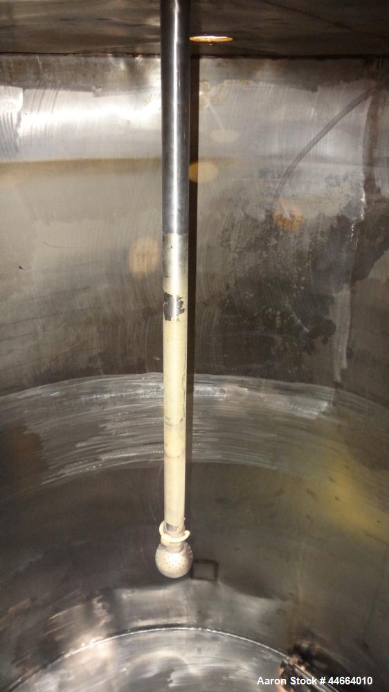 Used Tank, 3000 Gallons, 304 Stainless Steel, Vertical. 90" Diameter x 110" straight side, flat top, dish bottom. (1) Spray ball. Top openings: (1) 20" man way, no cover, (2) 3-1/2", (2) 2", (1) 1.5"...