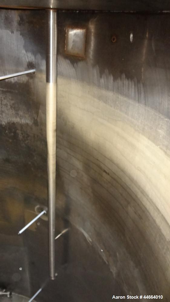 Used Tank, 3000 Gallons, 304 Stainless Steel, Vertical. 90" Diameter x 110" straight side, flat top, dish bottom. (1) Spray ball. Top openings: (1) 20" man way, no cover, (2) 3-1/2", (2) 2", (1) 1.5"...