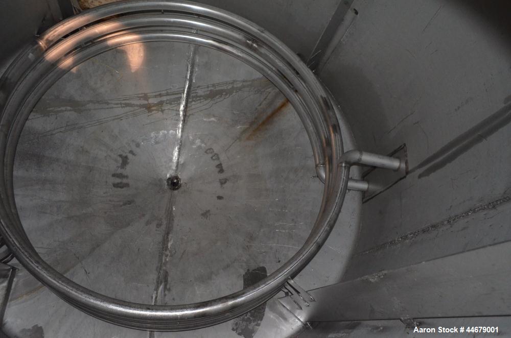 Used Tank, 1800 Gallon, 304 Stainless Steel, Vertical. Approximate 84” diameter x 72” straight side, coned top and bottom. (3) Turns of approximate 2” internal  pipe coil, no rating. (4) Sidewall baf...