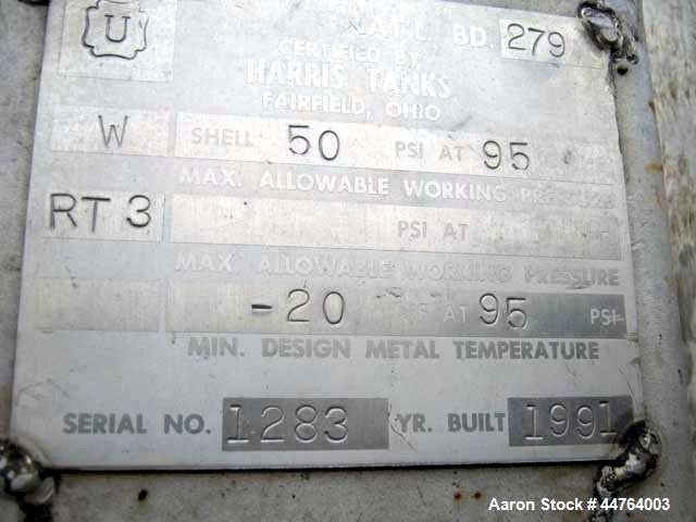 Used Harris Tanks Pressure Tank, 1000 Gallon, 304L Stainless Steel, Vertical.  60” Diameter x 72” straight side, dished top and bottom.  Internal rated 50 psi at -20 to 95 degrees F.  Openings: top 2...