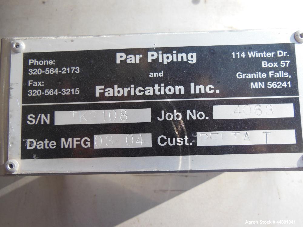 Used Par Piping & Fabrication Tank, 3500 Gallon, 304 Stainless Steel, Vertical. 72" Diameter x 192" straight side, coned top & bottom, (1) spray nozzle. Openings top 2", 3", 8", 19" man way with cove...