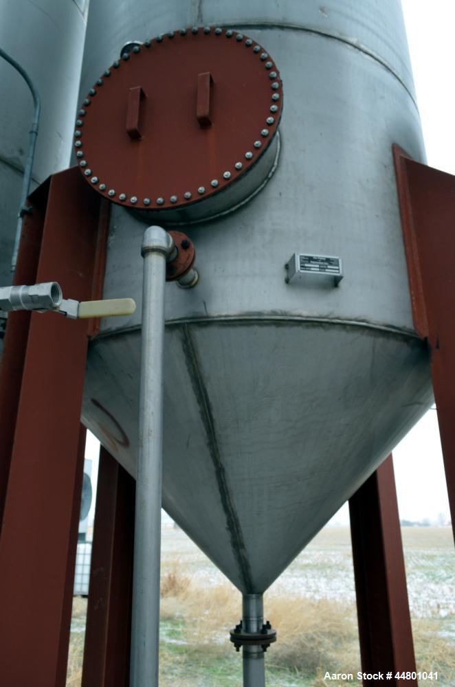 Used Par Piping & Fabrication Tank, 3500 Gallon, 304 Stainless Steel, Vertical. 72" Diameter x 192" straight side, coned top & bottom, (1) spray nozzle. Openings top 2", 3", 8", 19" man way with cove...