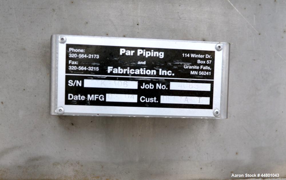 Used Par Piping & Fabrication Tank, 2500 Gallon, 321 Stainless Steel, Vertical. 72" Diameter x 144" straight side, coned top & bottom, (1) spray nozzle. Openings top (2) 2", 6", 19" man way with cove...