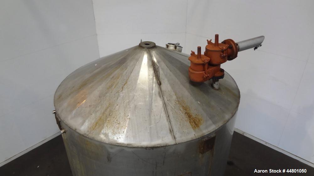Used Tank, 2300 Gallons, 304 Stainless Steel, Vertical. Approximately 76" diameter x 120" straight side, coned top, flat bottom, 3" side bottom outlet. Tank has (3) large patches on sidewall.