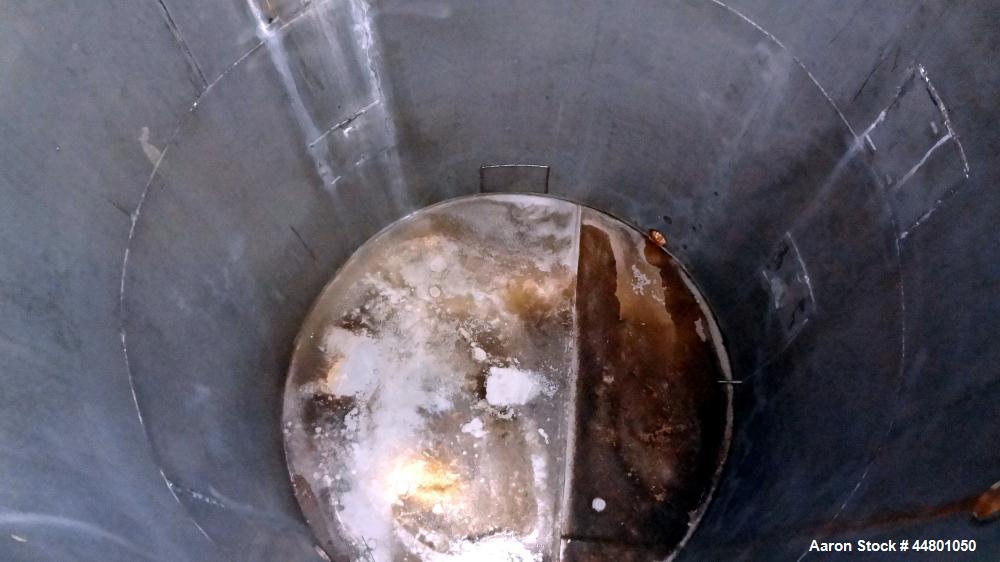 Used Tank, 2300 Gallons, 304 Stainless Steel, Vertical. Approximately 76" diameter x 120" straight side, coned top, flat bottom, 3" side bottom outlet. Tank has (3) large patches on sidewall.