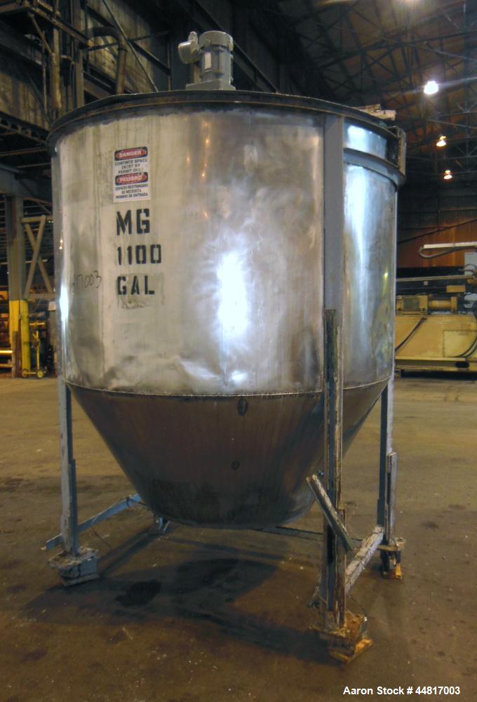 Used Tank, 1000 Gallons, 304 Stainless Steel, Vertical.  Approximately 72" diameter x 42" straight side x 33" cone. Flat open top with (2) 1/2 covers, slight coned bottom.  Fixed carbon steel agitato...