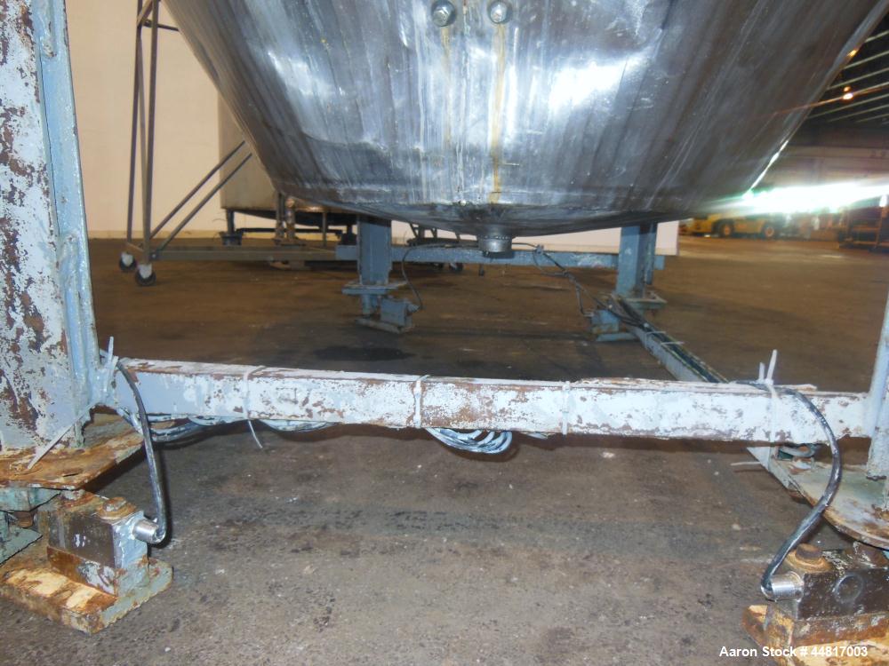 Used Tank, 1000 Gallons, 304 Stainless Steel, Vertical.  Approximately 72" diameter x 42" straight side x 33" cone. Flat open top with (2) 1/2 covers, slight coned bottom.  Fixed carbon steel agitato...
