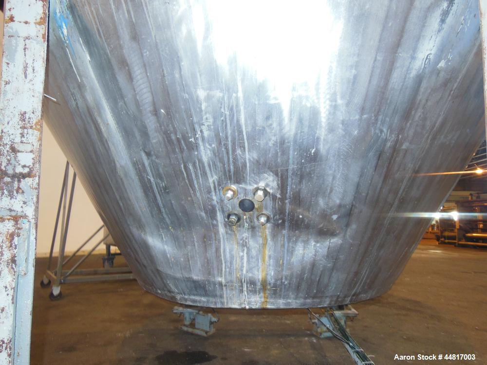 Used Tank, 1000 Gallons, 304 Stainless Steel, Vertical.  Approximately 72" diameter x 42" straight side x 33" cone. Flat open top with (2) 1/2 covers, slight coned bottom.  Fixed carbon steel agitato...
