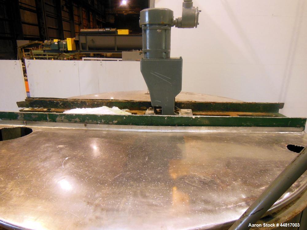 Used Tank, 1000 Gallons, 304 Stainless Steel, Vertical.  Approximately 72" diameter x 42" straight side x 33" cone. Flat open top with (2) 1/2 covers, slight coned bottom.  Fixed carbon steel agitato...