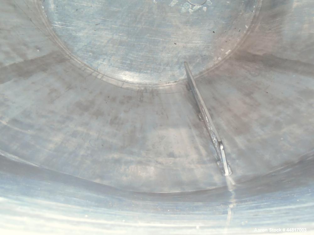 Used Tank, 1000 Gallons, 304 Stainless Steel, Vertical.  Approximately 72" diameter x 42" straight side x 33" cone. Flat open top with (2) 1/2 covers, slight coned bottom.  Fixed carbon steel agitato...