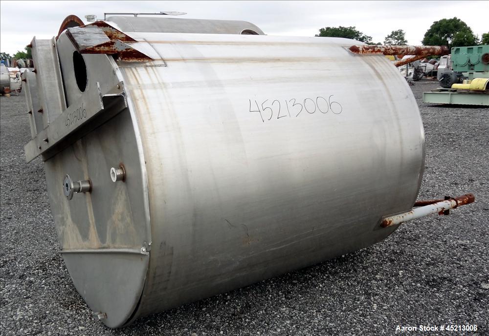 Used Tank, 1300 Gallon, 304 Stainless Steel, Vertical. Approximately 68" diameter x 83" straight side, flat top with a 1/3 cover, slant cone bottom. Bolt on aluminum agitator bridge, provision for a ...