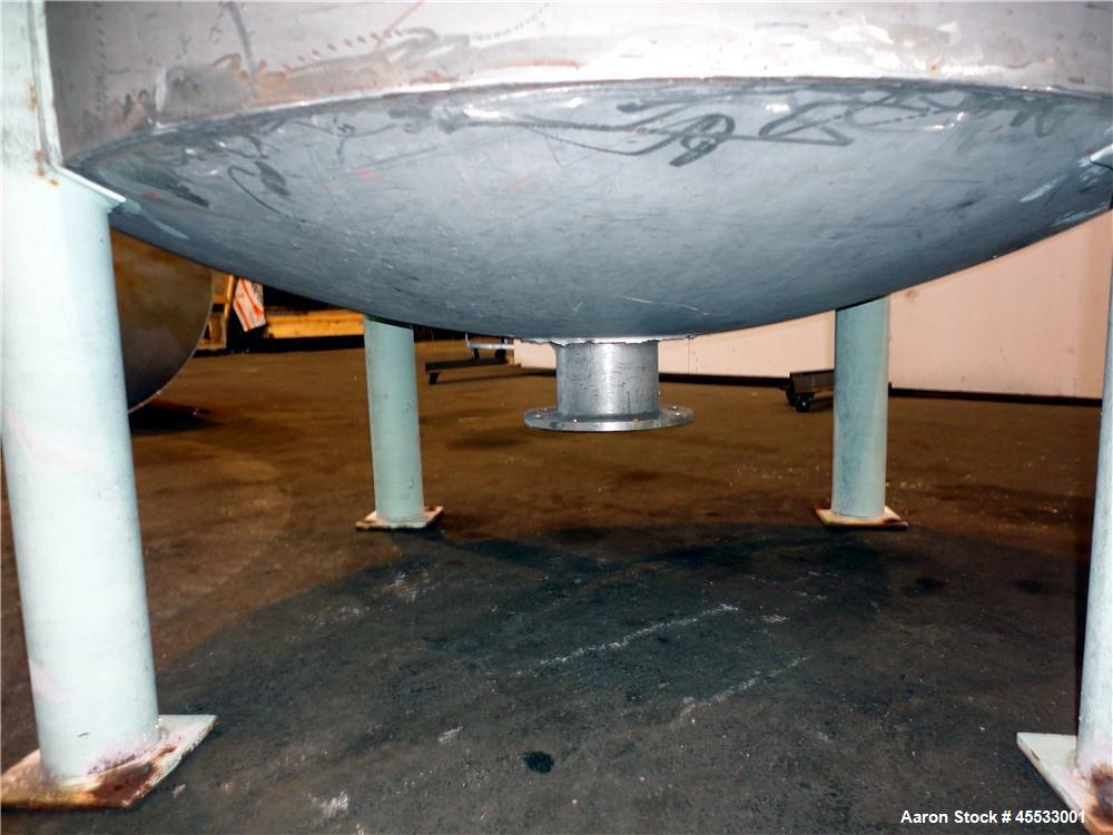 Used 1244 Gallon, 316 Stainless Steel Tank. Approximately 65" diameter x 84" straight side. Dished top and bottom. 10" flange top center opening, 10" side outlet and a 6" center bottom outlet. Mounte...