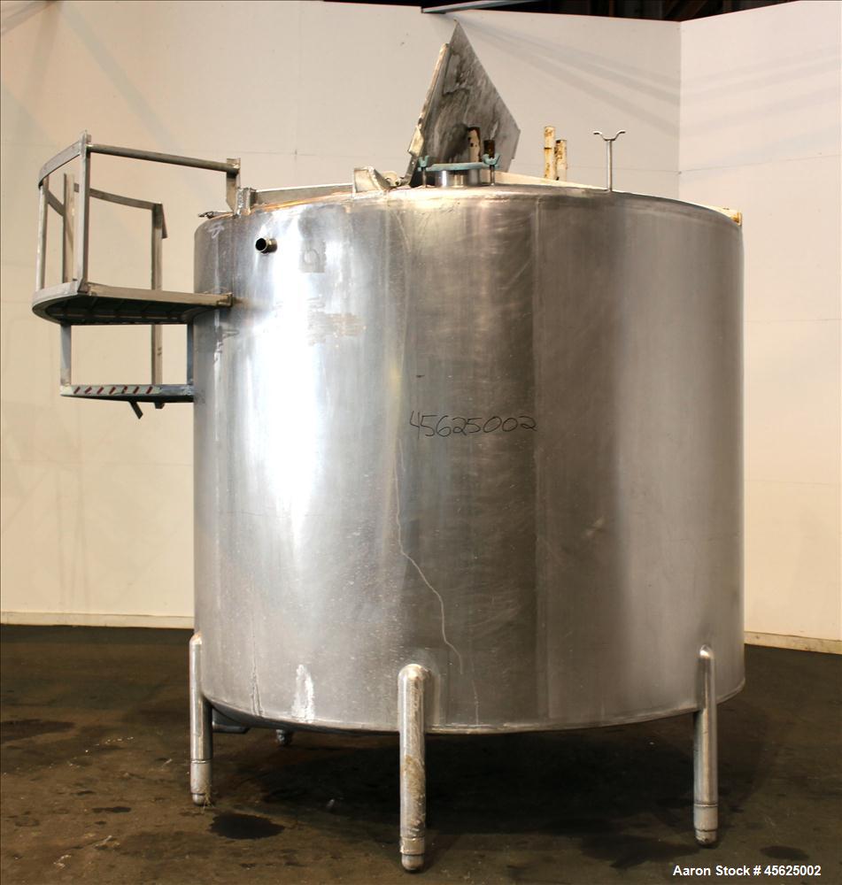 Used Tank, Approximately 2000 Gallons, 304 Stainless Steel, Vertical. Approximately 90" diameter x 74" straight side. Flat top, sloped V-bottom. Has fixed carbon steel agitator mount, no motor, 1-1/2...